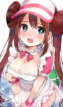  1girl :o absurdres apron apron_tug bangs blue_eyes blurry blush breasts brown_hair cleavage cowboy_shot depth_of_field embarrassed frilled_apron frills gradient gradient_background hand_on_own_chest highres large_breasts long_hair looking_at_viewer mei_(pokemon) neck_garter neck_ribbon nose_blush open_mouth pink_ribbon pokemon pokemon_(game) pokemon_bw2 ribbon rouka_(akatyann) short_sleeves sidelocks solo tareme tears twintails very_long_hair visor_cap white_apron white_background white_headwear wrist_cuffs 