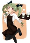  1girl alternate_costume anchovy anzio_(emblem) apron barashiya black_apron black_legwear black_skirt blush brown_background coffee collared_shirt commentary cup disposable_cup drill_hair drinking drinking_straw emblem eyebrows_visible_through_hair girls_und_panzer green_hair heart highres holding holding_cup holding_tray leg_up long_hair long_sleeves looking_at_viewer mary_janes miniskirt outside_border pantyhose red_eyes shirt shoes skirt solo standing standing_on_one_leg tray twin_drills twintails waitress white_shirt 