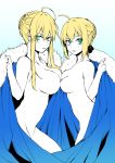  2girls ahoge artoria_pendragon_(all) artoria_pendragon_(lancer) black_ribbon blue_cape braid breasts cape character_request commentary commentary_request fate/grand_order fate_(series) french_braid fur-trimmed_cape fur_trim green_eyes groin highres iriehana large_breasts looking_at_viewer multiple_girls nude ribbon sidelocks 