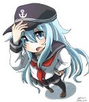  1girl anchor_symbol aoba_(akibajun) black_legwear black_sailor_collar blue_eyes brown_footwear commentary_request dated flat_cap foreshortening full_body hat hibiki_(kantai_collection) highres horosho kantai_collection loafers long_hair looking_at_viewer neckerchief open_mouth perspective pleated_skirt red_neckwear sailor_collar school_uniform serafuku shadow shoes silver_hair simple_background skirt solo standing thighhighs twitter_username white_background 