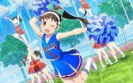  6+girls alternate_costume alternate_hairstyle blue_skirt bow cheerleader green_bow hachikuji_mayoi jumping kneehighs monogatari_(series) monogatari_series_puc_puc multiple_girls pom_poms ponytail pose skirt 