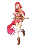  1girl armor arrow bangs belt boots brown_footwear fire_emblem fire_emblem:_mystery_of_the_emblem fire_emblem_heroes full_body green_eyes hair_ornament highres kaya8 long_hair long_sleeves looking_at_viewer non-web_source norne_(fire_emblem) official_art open_mouth quiver red_hair red_scarf scarf shiny shiny_hair shoulder_armor solo standing standing_on_one_leg thighhighs tied_hair transparent_background white_legwear zettai_ryouiki 