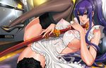  apron blue_eyes breasts busujima_saeko crotch_rub fei_(maidoll) flexible high_heels highschool_of_the_dead katana kitchen large_breasts leg_up legs long_hair masturbation naked_apron nipples ponytail purple_hair pussy_juice see-through shoes sidelocks solo spread_legs sword thighhighs weapon wet wet_clothes 