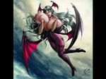  bat_wings boots darkstalkers gigantic_breasts green_eyes green_hair head_wings long_hair mangrowing morrigan_aensland nipple_slip sky succubus 