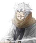  1boy absurdres black_eyes brown_scarf covered_mouth grey_hair hakurou_(tensei_shitara_slime_datta_ken) highres holding holding_sword holding_weapon long_sleeves looking_at_viewer male_focus old_man one_eye_closed oni oni_horns scarf solo sword tensei_shitara_slime_datta_ken upper_body weapon white_background wide_sleeves 