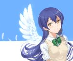  1girl angel_wings blue_hair bow brown_eyes feathered_wings floating_hair hair_between_eyes hair_bow jyon long_hair looking_at_viewer love_live! love_live!_school_idol_project shiny shiny_hair shirt short_sleeves single_wing smile solo sonoda_umi striped striped_bow upper_body very_long_hair vest white_feathers white_shirt white_wings wings 
