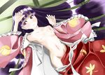  armpits arms_up black_hair collarbone flat_chest from_above groin hands houraisan_kaguya japanese_clothes long_hair looking_away lying navel nipples no_panties nude on_back open_clothes open_skirt purple_hair pussy pussy_peek red_eyes skirt solo taiyaki_a touhou 