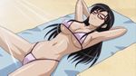  15_bishoujo_hyouryuuki animated animated_gif armpits arms_up beach bikini blanket breasts crab gif glasses micro_bikini nagiku_nago navel swimsuit 