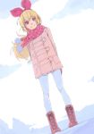  1girl aikatsu! aikatsu!_(series) akinbo_(hyouka_fuyou) arms_behind_back blonde_hair blue_legwear boots bow coat dutch_angle floating_hair full_body gloves hair_bow highres hoshimiya_ichigo legwear_under_shorts long_hair looking_at_viewer pantyhose pink_coat pink_footwear pink_scarf red_bow red_eyes red_gloves red_scarf scarf shorts smile solo standing winter_clothes winter_coat 