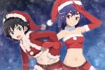  2girls :d ahoge araragi_karen bakemonogatari bare_shoulders belt black_eyes black_hair blue_hair brown_eyes commentary_request crop_top elbow_gloves eyebrows_visible_through_hair fang fooring fur-trimmed_gloves fur-trimmed_hat fur-trimmed_jacket fur_trim gloves hat jacket kanbaru_suruga locked_arms long_hair looking_at_viewer midriff monogatari_(series) multiple_girls navel open_mouth pom_pom_(clothes) red_eyes red_hat red_jacket santa_costume santa_hat short_hair smile strapless tubetop twitter_username v 