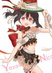  1girl :d back_bow black_hair black_skirt bow character_name choker cropped_torso hair_between_eyes hair_bow jyon long_hair looking_at_viewer love_live! love_live!_school_idol_project midriff miniskirt navel open_mouth red_bow red_eyes red_neckwear ribbon skirt smile solo stomach striped striped_ribbon thigh_strap twintails white_background white_ribbon yazawa_nico 