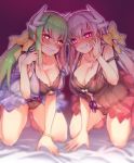  2girls aqua_hair bare_shoulders black_bra black_panties bow bra breasts cleavage collarbone commentary commentary_request dragon_girl dragon_horns dual_persona eyebrows_visible_through_hair fate/grand_order fate_(series) heart heart-shaped_pupils horns kiyohime_(fate/grand_order) kiyohime_(swimsuit_lancer)_(fate) large_breasts long_hair multiple_girls multiple_horns panties see-through silver_hair symbol-shaped_pupils underwear very_long_hair wisespeak yandere yellow_bow yellow_eyes 