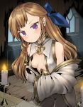  1girl bare_shoulders breasts brown_hair candle character_request commentary_request detached_sleeves fingerless_gloves gloves gold_trim gplnbeat hair_ribbon highres indoors long_hair looking_at_viewer mistover purple_eyes ribbon small_breasts smile solo tsurime 