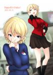  1girl black_footwear black_neckwear black_skirt blonde_hair blue_eyes blue_sweater blurry blurry_background boots braid churchill_(tank) closed_mouth commentary darjeeling depth_of_field dress_shirt emblem english_text epaulettes eyebrows_visible_through_hair frown girls_und_panzer ground_vehicle hand_in_hair hand_on_hip hand_to_own_mouth happy_birthday head_tilt highres jacket long_sleeves looking_at_viewer military military_uniform military_vehicle miniskirt motor_vehicle multiple_views necktie open_mouth pleated_skirt red_jacket sasaki_akira_(ugc) school_uniform shirt short_hair skirt smile st._gloriana&#039;s_(emblem) st._gloriana&#039;s_military_uniform st._gloriana&#039;s_school_uniform standing sweater tank tied_hair torso_grab twin_braids uniform v-neck white_background white_shirt wing_collar 