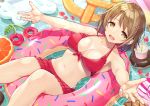  1girl :d bangs bare_arms bare_legs bikini bikini_skirt breasts breasts_apart brown_hair cleavage collarbone cup disposable_cup flower frilled_bikini frills front-tie_bikini front-tie_top hair_flower hair_ornament idolmaster idolmaster_cinderella_girls inflatable_raft inflatable_toy innertube large_breasts lying midriff migimaki_(migi_mawashi) mimura_kanako navel on_back open_mouth outstretched_arms partially_submerged petals petals_on_liquid pink_flower pool red_bikini short_hair sidelocks smile soda solo swept_bangs swimsuit tareme teeth yellow_eyes 