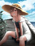  1girl blue_sky blush breasts brown_eyes brown_hair closed_mouth cloud dress flower gradient_sky hair_between_eyes hat hat_flower highres kantai_collection looking_at_viewer ocean off-shoulder_dress off_shoulder remodel_(kantai_collection) short_hair sitting sky small_breasts smile solo straw_hat tama_(seiga46239239) white_dress yukikaze_(kantai_collection) 