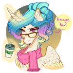  1:1 better_version_at_source beverage coffee earthsong9405 equid eyebrows eyewear feathered_wings feathers glasses hair head_shot horn mammal multicolored_hair pink_eyes reaction_image solo text winged_unicorn wings 