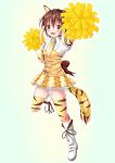  1girl :d anima_yell! animal_ears animal_print blonde_hair blush boots breasts brown_eyes brown_hair cheerleader collared_shirt commentary_request cosplay eyebrows_visible_through_hair full_body hair_between_eyes highres kemono_friends leg_up multicolored_hair necktie open_mouth pom_poms shirt small_breasts smile smilodon_(kemono_friends) smilodon_(kemono_friends)_(cosplay) solo tail tatejima_kotetsu thighhighs tiger_ears tiger_print tiger_tail utopia_(fantomubureibum2) white_footwear white_shirt wing_collar yellow_neckwear 