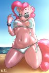  2019 absurd_res anthro anthrofied beach bedroom_eyes bikini blue_eyes bluecoffeedog bracelet breasts cleavage clothed clothing equid equine eyewear female friendship_is_magic hair half-closed_eyes hi_res horse jewelry kneeling mammal my_little_pony nipple_outline pink_hair pinkie_pie_(mlp) pony sea seaside seductive solo sunglasses swimwear water wet 