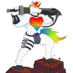  1:1 alpha_channel anthro barbarian belt bulge clothing dave_(character) dave_the_barbarian_(series) digital_media_(artwork) english_text equid horn male mammal melee_weapon muscular muscular_male notkastar rainbow signature simple_background smile solo sword text underwear unicorn weapon 