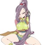  1girl belt black_gloves black_hair breasts dragon_quest dragon_quest_xi fingerless_gloves gloves kafun long_hair looking_at_viewer martina_(dq11) midriff navel ponytail purple_eyes shorts simple_background sitting sleeveless solo spread_legs very_long_hair white_background 