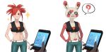  &lt;3_marking 2019 ? absurd_res ambiguous_gender anthro before_and_after body_slider bottomwear breasts clothing disembodied_hand duo female flannery_(pok&eacute;mon) gym_leader hair hand_on_hip hi_res human human_to_anthro mammal menma911 navel nintendo open_mouth pants phone pok&eacute;mon pok&eacute;mon_(species) red_eyes red_hair simple_background smile solo_focus species_transformation spinda spiral_eyes surprise transformation video_games white_background 