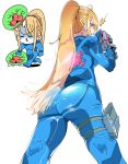  1girl ass back blonde_hair blush bodysuit breasts green_eyes gun holding holding_gun holding_weapon kafun long_hair metroid metroid_(creature) mole ponytail samus_aran simple_background weapon white_background zero_suit 