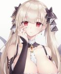  1girl azur_lane bangs between_breasts black_ribbon breasts cleavage closed_mouth collarbone eyebrows_visible_through_hair formidable_(azur_lane) hair_ribbon hand_up large_breasts long_hair pong_(vndn124) red_eyes ribbon silver_hair simple_background solo twintails two-tone_ribbon upper_body white_background white_ribbon 