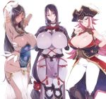  3girls ahoge arm_guards arm_wrap asymmetrical_docking bangs black_gloves black_hair bodysuit breast_press breasts bridal_gauntlets bura circlet cleavage curvy dark_skin facial_scar fate/extra fate/grand_order fate_(series) fingerless_gloves forehead_jewel francis_drake_(fate) gloves green_eyes hat head_chain highres huge_breasts loincloth long_hair looking_at_viewer low-tied_long_hair minamoto_no_raikou_(fate/grand_order) multiple_girls parted_bangs pink_hair pirate pirate_hat purple_bodysuit purple_eyes purple_hair ribbed_sleeves rope scar scheherazade_(fate/grand_order) tabard thumb_ring very_long_hair 