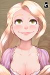  1girl blonde_hair blush breasts cleavage closed_mouth commentary disney dress english_commentary green_eyes long_hair looking_up mr.takealook rapunzel_(disney) smile solo tangled teenage very_long_hair 