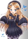  1girl abigail_williams_(fate/grand_order) admjgdme bangs black_bow black_headwear blonde_hair blue_eyes blush bow commentary_request dress fate/grand_order fate_(series) hair_bow hat highres long_hair long_sleeves looking_at_viewer orange_bow parted_bangs polka_dot polka_dot_bow sleeves_past_fingers sleeves_past_wrists solo very_long_hair 