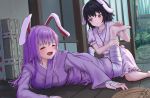  &gt;:) 2girls :d ^_^ alternate_costume animal_ears bandaged_hands bandaged_leg bandages bangs barefoot black_hair blush breasts bunny_ears bunny_tail carrot_necklace closed_eyes commentary_request dress feet_out_of_frame foot_tickling inaba_tewi indoors japanese_clothes kimono long_hair long_sleeves looking_at_another lying medium_breasts multiple_girls on_stomach open_mouth pink_dress puffy_short_sleeves puffy_sleeves purple_hair purple_kimono red_eyes reisen_udongein_inaba roke_(taikodon) short_hair short_sleeves sitting sliding_doors smile tail tears tickling touhou v-shaped_eyebrows wariza wide_sleeves wooden_floor 