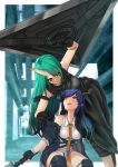  2girls arknights black_gloves black_jacket blue_hair blue_oni breasts ch&#039;en_(arknights) commentary_request eyebrows_visible_through_hair fingerless_gloves gloves green_eyes green_hair hair_ornament highres holding holding_shield horns hoshiguma_(arknights) jacket large_breasts long_hair long_neck multiple_girls necktie oni orange_neckwear ponytail red_eyes shield shirt sleeveless sleeveless_jacket smile upper_teeth white_shirt yamauchi_(conan-comy) yuri 