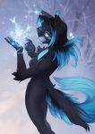  2019 5_fingers anthro black_fur black_hair black_nose blue_hair breasts digital_media_(artwork) domestic_cat featureless_breasts felid feline felis female fingers fur green_eyes hair hi_res mammal nude orphen-sirius smile solo standing 