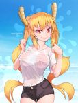  1girl black_shorts blonde_hair breasts commentary covered_navel covered_nipples dragon_girl dragon_horns english_commentary gradient_hair highres horns kobayashi-san_chi_no_maidragon large_breasts long_hair looking_at_viewer multicolored_hair nickleflick nipples no_bra orange_eyes orange_hair see-through shirt shorts slender_waist slit_pupils solo standing tooru_(maidragon) twintails twitter_username wet wet_clothes wet_shirt wet_t-shirt 