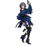  1girl ankle_guards baggy_clothes bangs black_legwear blue_coat blue_eyes boots breasts coat corset damaged earrings eyebrows_visible_through_hair from_side full_body girls_frontline grey_hair grin gun hair_between_eyes handgun holding holding_gun holding_weapon infukun jewelry long_sleeves looking_at_viewer magazine_(weapon) official_art p22_(girls_frontline) parted_lips short_hair shoulder_cutout sidelocks skindentation sleeves_past_wrists smile solo standing standing_on_one_leg strap stud_earrings thigh_boots thighhighs torn_boots torn_clothes transparent_background trigger_discipline turtleneck walther_p22 watermark weapon zipper 
