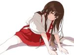  1girl 888myrrh888 akagi_(kantai_collection) bangs blush brown_eyes brown_hair closed_mouth feet_out_of_frame hair_between_eyes hakama hakama_skirt head_tilt japanese_clothes kantai_collection long_hair looking_at_viewer red_hakama sidelocks simple_background skirt smile solo stretch tasuki thighhighs white_legwear wide_sleeves zettai_ryouiki 