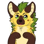  1:1 2019 ambiguous_gender anthro beauty_mark chibi ear_piercing fur green_hair hair hyaenid looking_at_viewer mammal mohawk_(hairstyle) nude piercing portrait shatter_(artist) shatteter smile solo spots spotted_hyena sticker telegram tongue uwubanana yellow_fur 