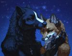  2013 5_fingers anthro black_nose brown_eyes canid canine canis detailed_background digital_media_(artwork) duo fingers fox green_eyes katie_hofgard mammal night outside sky star starry_sky wolf 