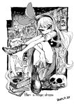  1girl animal ankle_boots bare_legs blackcat_(pixiv) book book_stack bookmark boots candle cat cork cross-laced_footwear crossed_legs dated dress ellen english_text erlenmeyer_flask eyebrows_visible_through_hair frilled_sleeves frills greyscale grumpy_cat headband jack-o&#039;-lantern lace-up_boots long_hair looking_at_viewer monochrome pumpkin short_sleeves sign skull tagme test_tube touhou touhou_(pc-98) tsurime 