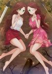  2girls ;) bangs barefoot blush branch breasts brown_hair cleavage closed_mouth commission day dress eyebrows_visible_through_hair fingernails floral_print forehead green_eyes highres holding_hands kazenokaze long_hair lying medium_breasts multiple_girls on_ground on_side one_eye_closed original outdoors parted_bangs pink_dress print_dress red_skirt rose_print saber_(weapon) short_sleeves skirt smile sword tank_top v very_long_hair weapon white_tank_top 