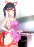  1girl absurdres animal_ears apron apron_lift armpit_crease bare_arms bare_shoulders black_hair blush breasts cat_ears cleavage closed_mouth en&#039;en_no_shouboutai fire groin highres kitchen lifted_by_self looking_at_viewer medium_breasts naked_apron pink_apron sideboob solo tamaki_kotatsu twintails wavy_mouth yellow_eyes 
