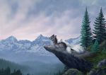  2017 ambiguous_gender black_fur canid canine canis cliff cloud day detailed detailed_background digital_media_(artwork) duo eyes_closed feral fog forest fox fur grass lying mammal mountain multi_tail nature outside rock shiroashi signature snow tree white_fur wolf 