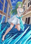  1girl bangs bare_arms bare_shoulders barefoot blue_eyes blue_sky breasts building cleavage cloud cloudy_sky collarbone commission day dress eyebrows_visible_through_hair green_hair hair_between_eyes highres holding holding_sword holding_weapon kazenokaze large_breasts long_hair looking_at_viewer original outdoors sky sleeveless sleeveless_dress solo standing standing_on_one_leg sword toenails transparent v-shaped_eyebrows very_long_hair water weapon white_dress window 