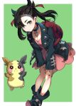  1girl absurdres aqua_eyes bag bent_over black_hair black_nails blush breasts choker cleavage dress full_body hair_ribbon hands_on_own_knees highres jacket leather leather_jacket long_sleeves looking_at_viewer mary_(pokemon) nail_polish open_clothes open_jacket pink_dress pokemon pokemon_(game) pokemon_swsh puca-rasu ribbon short_twintails solo twintails 