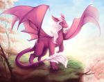  branch dragon feral grass hair hi_res horn outside pink_eyes solo tree twymouse white_hair wings 