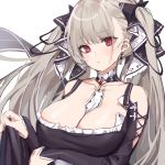  1girl azur_lane between_breasts blush breast_hold breasts cleavage detached_collar dress earrings eyebrows_visible_through_hair formidable_(azur_lane) hair_ribbon jewelry large_breasts long_hair looking_at_viewer mamemena red_eyes ribbon silver_hair simple_background sketch skirt_hold solo twintails upper_body white_background 
