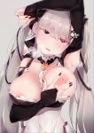  1girl absurdres ahegao alicecrazy areola_slip areolae arm_up armpits azur_lane bangs bare_shoulders black_nails blush breasts cleavage eyebrows_visible_through_hair formidable_(azur_lane) grey_background grey_hair highres lactation large_breasts long_hair nipples red_eyes simple_background solo twintails very_long_hair 