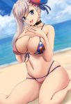  1girl american_flag_bikini asymmetrical_hair bangs beach bikini blue_eyes blue_sky breasts bun_cover cleavage cloud commentary_request day fate/grand_order fate_(series) flag_print fuuma_nagi grey_hair hair_bun head_tilt horizon large_breasts long_hair looking_at_viewer miyamoto_musashi_(fate/grand_order) miyamoto_musashi_(swimsuit_berserker)_(fate) navel ocean open_mouth outdoors red_bikini round_teeth sitting sky smile solo star star_print striped striped_bikini swept_bangs swimsuit teeth upper_teeth wariza 