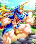  abs absurd_res anthro anthrofied bulge canid canine clothing daikitei detailed_background front_view hi_res legendary_pok&eacute;mon male mammal muscular muscular_male nintendo nipples pecs penis pok&eacute;mon pok&eacute;mon_(species) pubes solo thong video_games zacian 